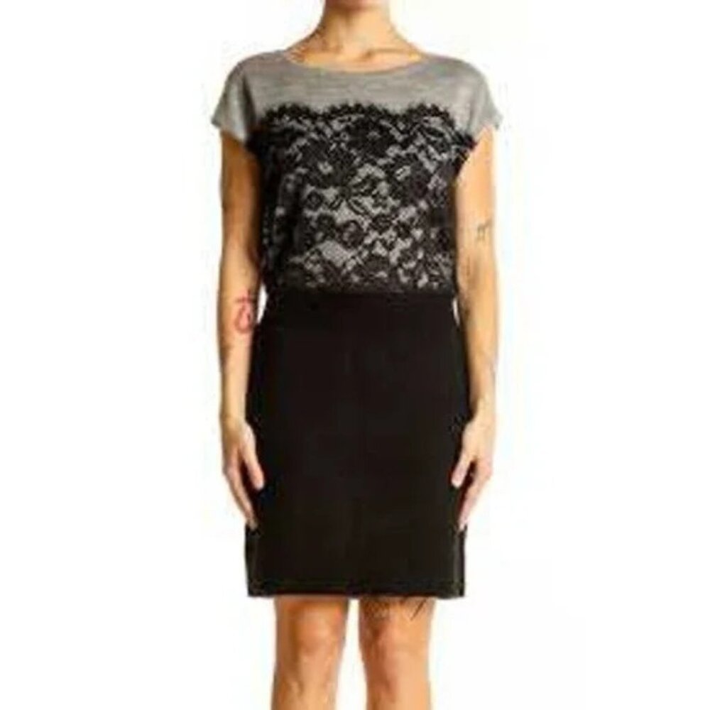 Ann Taylor Loft Women's Lace Detail Knit Dress Gray & Black Midi Length Size S